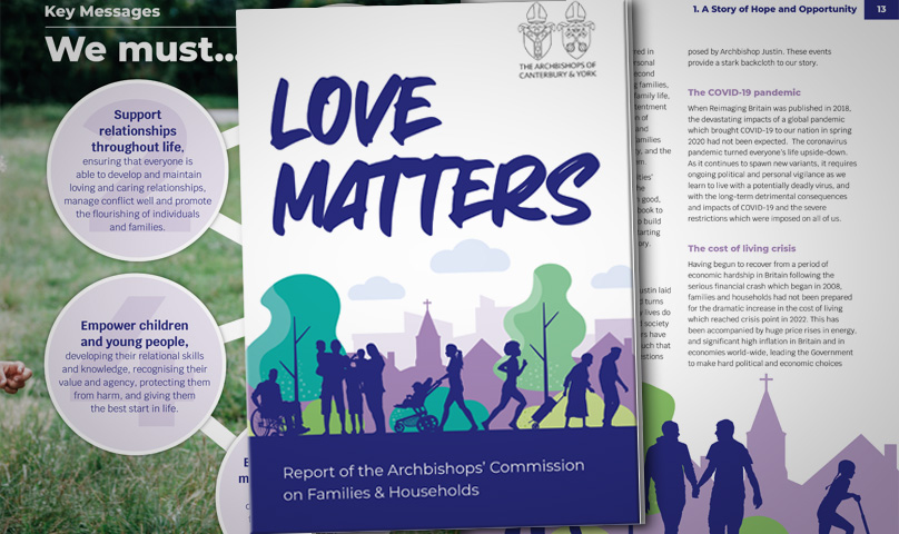 collage of pages from archbishop's report Love Matters