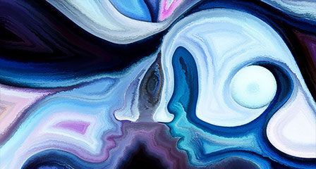 two abstract swirling figures looking into each other's eyes