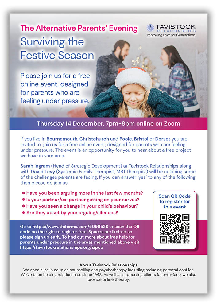 surviving the festive season flyer cover showing parents arguing in front of christmas tree with upset child