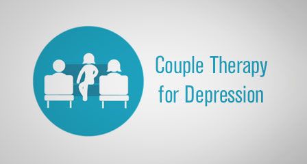 Outline image of couple and therapist with the words Couple Therapy for Depression